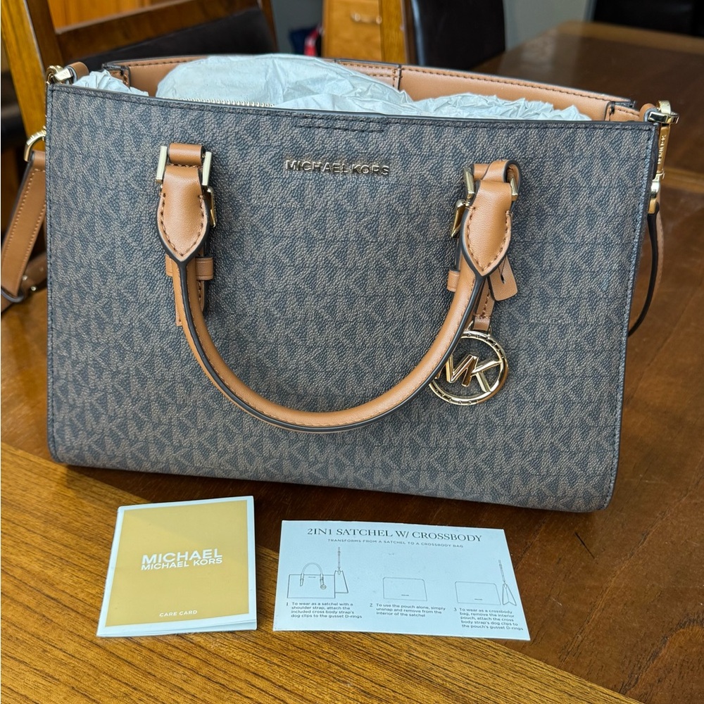 Michael Kors Brown Monogram 2-in-1 Satchel with Tan Handles and Gold Hardware
